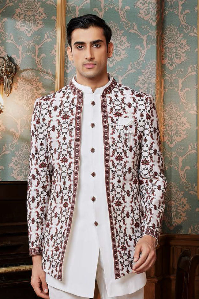 Off White Embroidered Raw Silk Indowestern Suit For Mens