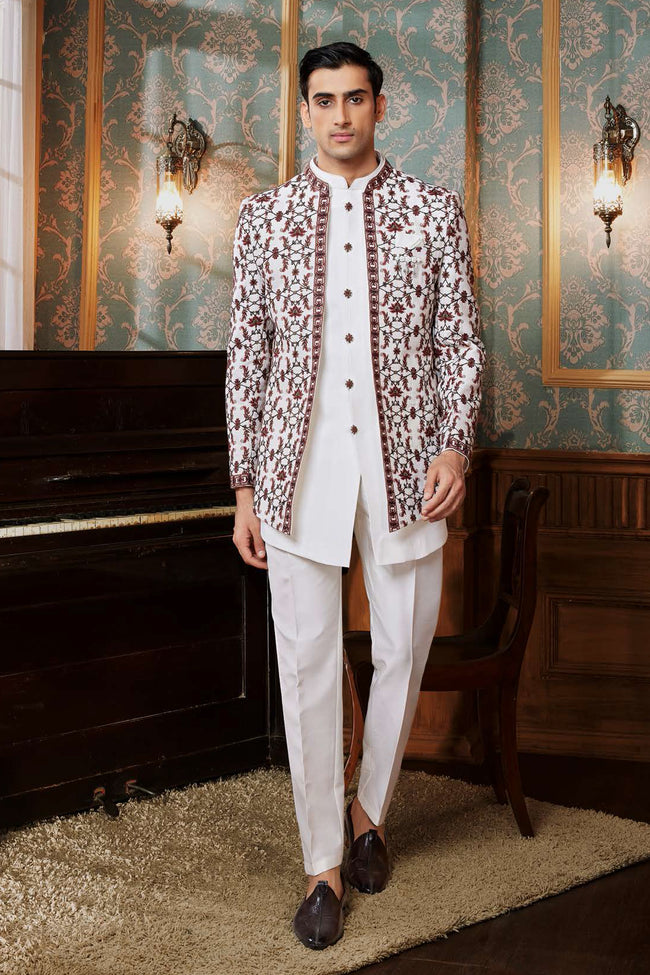 Off White Embroidered Raw Silk Indowestern Suit For Mens