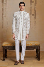 Cream Wedding Indowestern Set With Embroidered Jacket For Mens