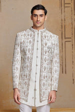 Cream Wedding Indowestern Set With Embroidered Jacket For Mens