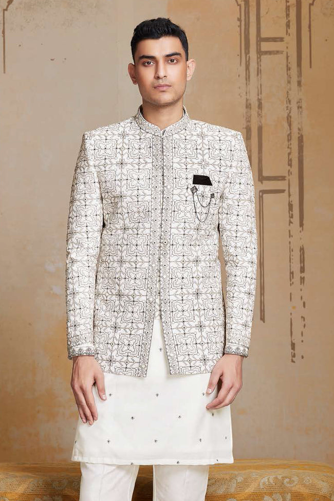 Off White Wedding Indowestern Set With Embroidered Jacket For Mens