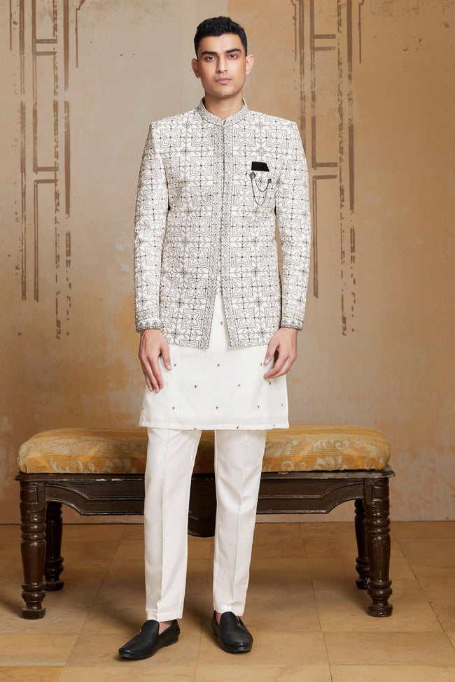 Off White Wedding Indowestern Set With Embroidered Jacket For Mens