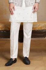 Off White Wedding Indowestern Set With Embroidered Jacket For Mens