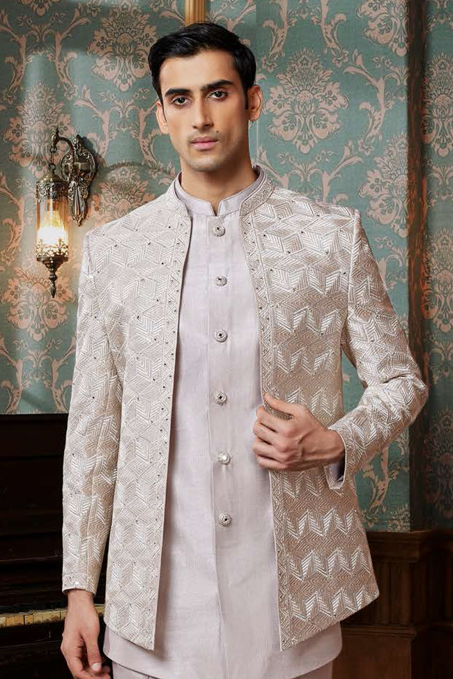 Cream Exquisite Embroidered Indowestern Jacket Set For