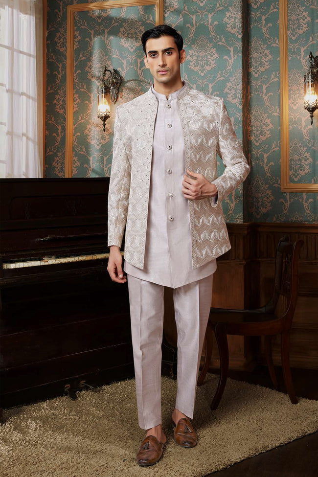 Cream Exquisite Embroidered Indowestern Jacket Set For