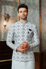 Sky Blue Embroidered Silk Indowestern Set For Mens