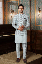 Sky Blue Embroidered Silk Indowestern Set For Mens