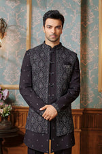 Black Thread Embroidered Indowestern Jacket Set For Mens