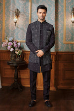 Black Thread Embroidered Indowestern Jacket Set For Mens