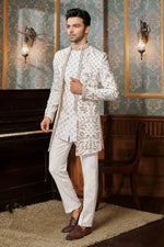 Regal Cream Indowestern Set With Embroidered Jacket For Mens