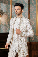 Regal Cream Indowestern Set With Embroidered Jacket For Mens