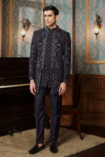 Black Thread Embroidered Indowestern Set For Mens