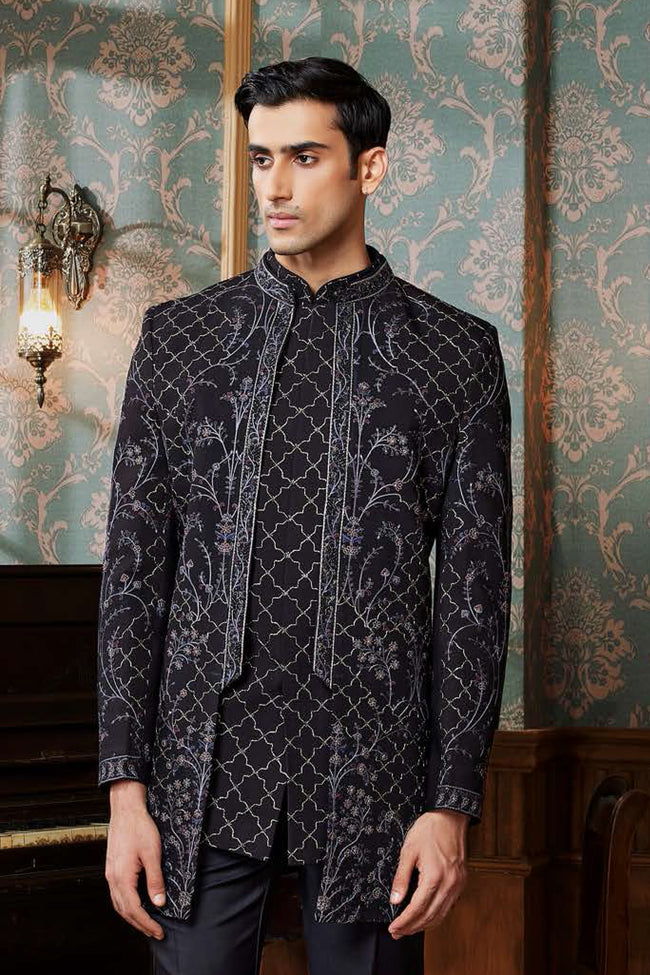 Black Thread Embroidered Indowestern Set For Mens