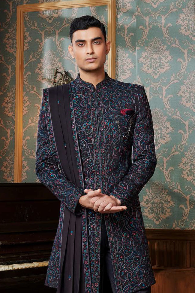 Black Festive Wear Embroidered Indowestern Jacket Set For Mens