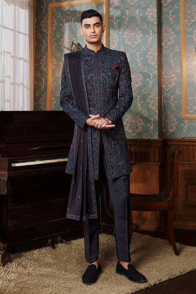 Black Festive Wear Embroidered Indowestern Jacket Set For Mens