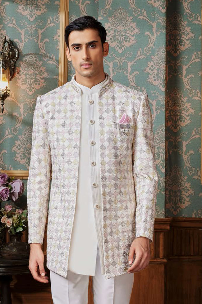 Off White Indowestern Set With Embroidered Jacket For Mens