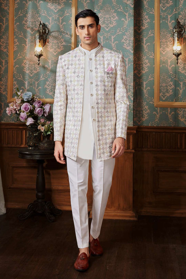 Off White Indowestern Set With Embroidered Jacket For Mens