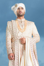 Cream Anarkali Style Embroidered Sherwani For Wedding