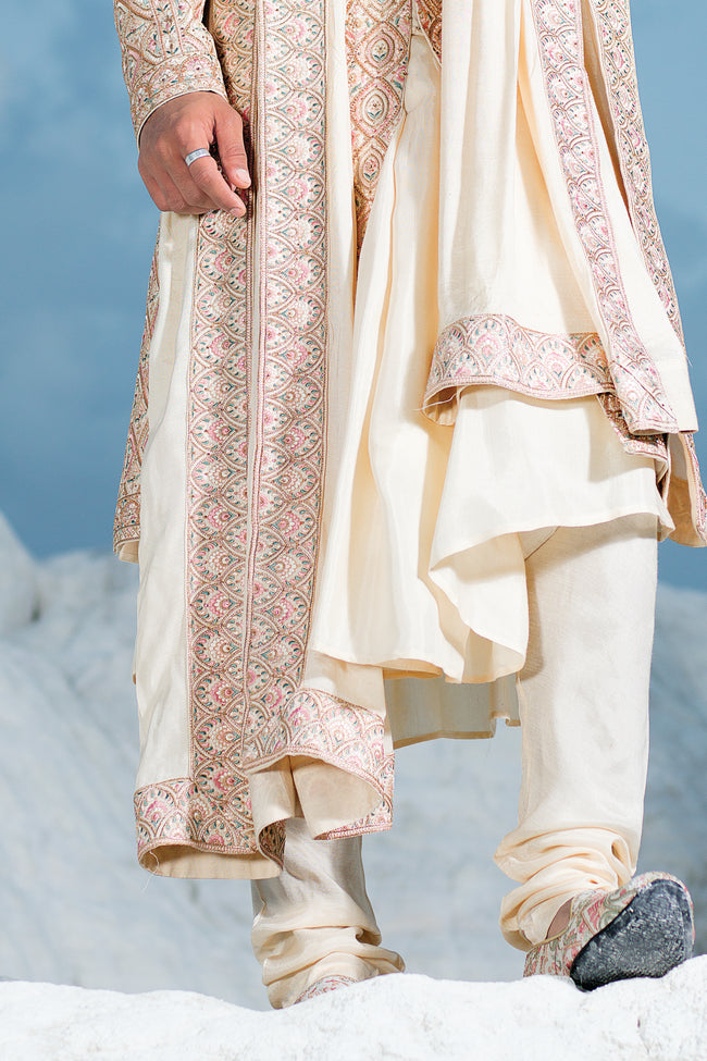 Cream Anarkali Style Embroidered Sherwani For Wedding