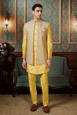 Mustard Yellow Silk Indowestern Fusion Embroidered Jacket Set For Mens