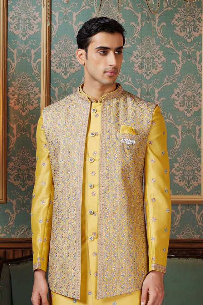 Mustard Yellow Silk Indowestern Fusion Embroidered Jacket Set For Mens