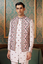 Cream Silk Wedding Indowestern Set With Embroidered Jacket For mens