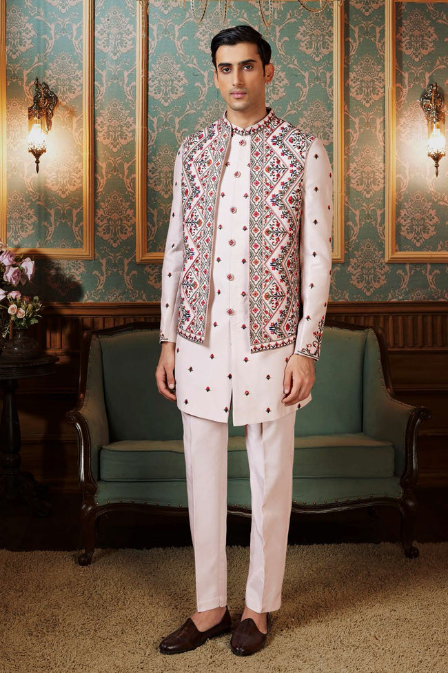 Cream Silk Wedding Indowestern Set With Embroidered Jacket For mens