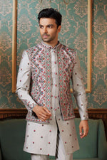 Light Grey Silk Wedding Indowestern Set With Embroidered Jacket For mens