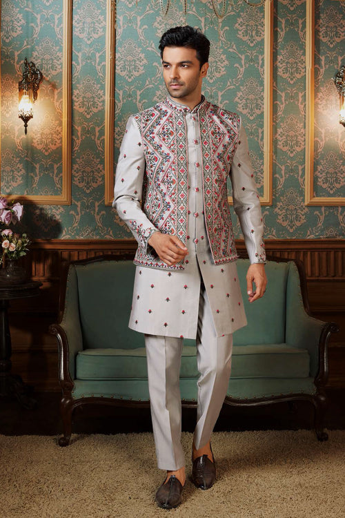 Light Grey Silk Wedding Indowestern Set With Embroidered Jacket For mens