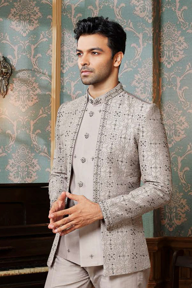 Elegant Light Grey Thread Embroidered Indowestern For Mens