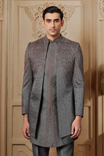 Dark Grey Embroidered Jacket Indowestern Set For Mens