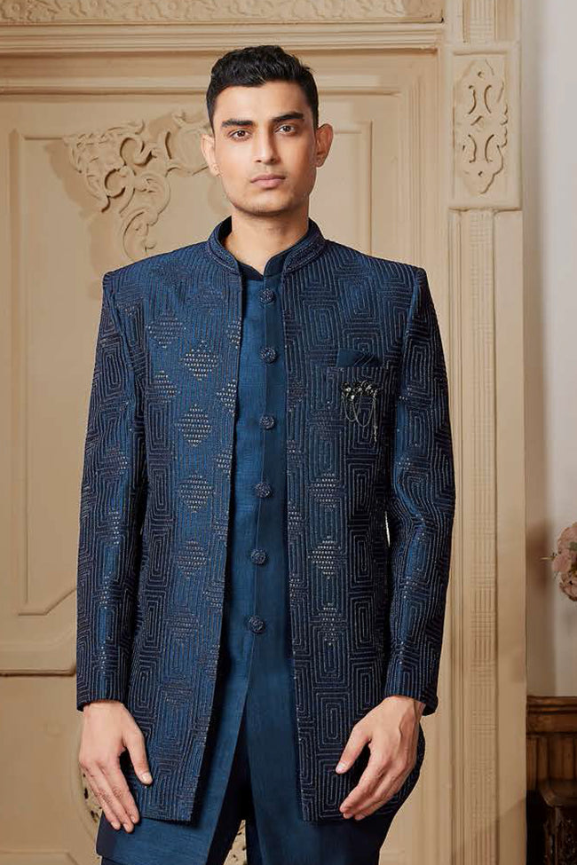 Teal Blue Silk Indowestern Set With Embroidered Jacket For Mens