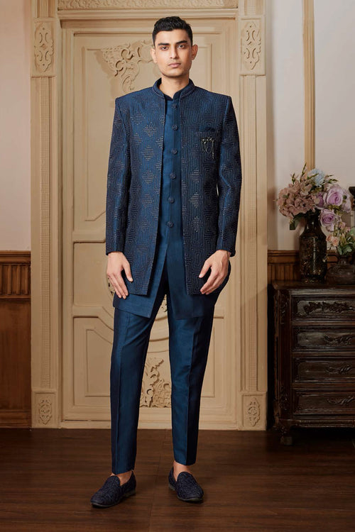 Teal Blue Silk Indowestern Set With Embroidered Jacket For Mens