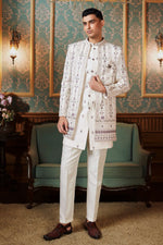 Cream Thread Embroidered Indowestern Set With Jacket For Mens