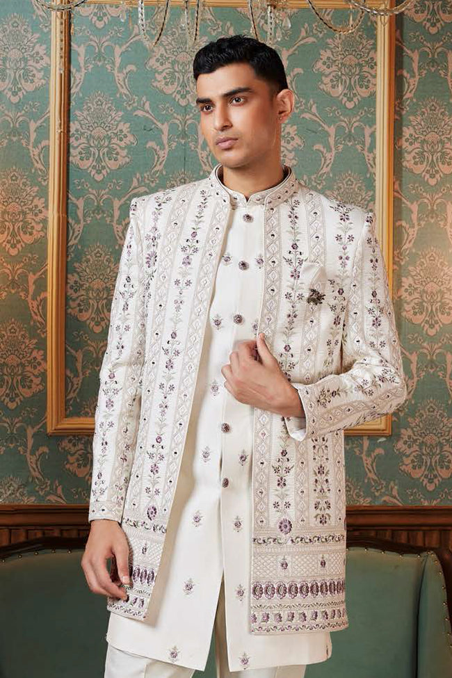 Cream Thread Embroidered Indowestern Set With Jacket For Mens