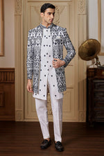 White With Black Embroidered Indowestern Set With Jacket