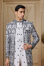 White With Black Embroidered Indowestern Set With Jacket