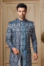 Light Grey Silk Indowestern Velevt Jacket Set For Men