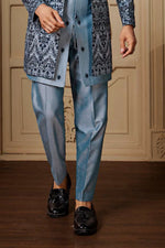 Light Grey Silk Indowestern Velevt Jacket Set For Men