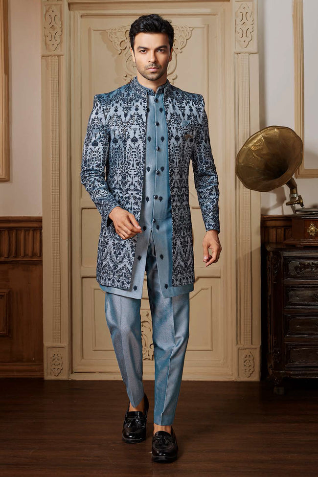 Light Grey Silk Indowestern Velevt Jacket Set For Men