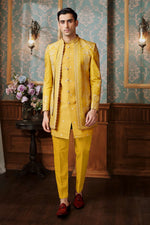 Yellow Art Silk Embroidered Indowestern Set With Jacket For Mens