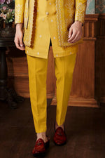 Yellow Art Silk Embroidered Indowestern Set With Jacket For Mens