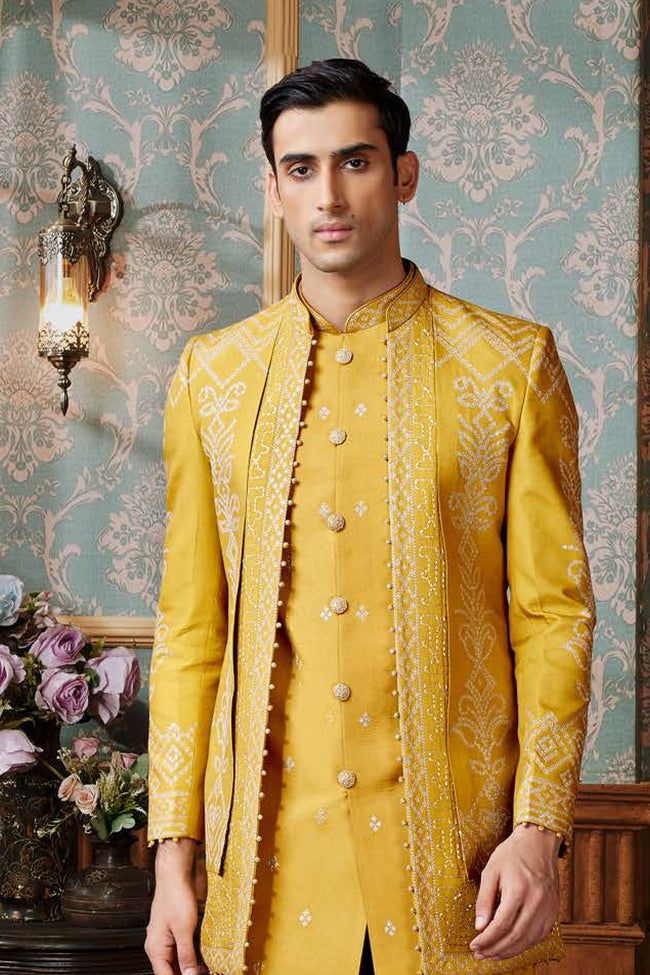 Yellow Art Silk Embroidered Indowestern Set With Jacket For Mens