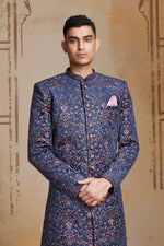 Navy Blue With White Floral Print Silk Indowestern Set For mens