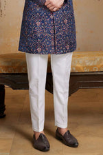 Navy Blue With White Floral Print Silk Indowestern Set For mens