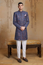 Navy Blue With White Floral Print Silk Indowestern Set For mens