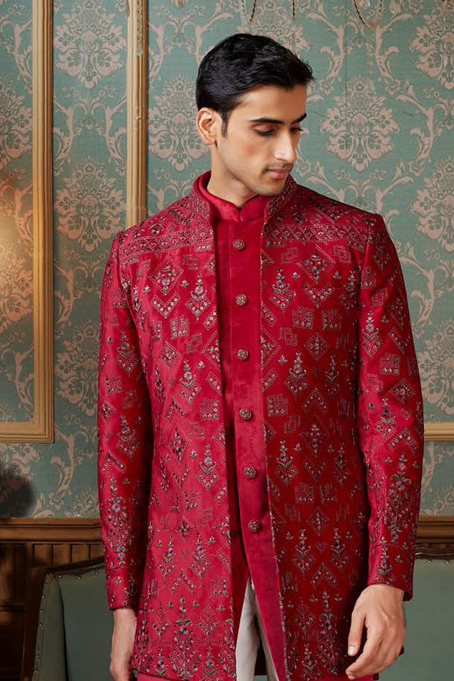 Elegant Maroon Jacquard Silk Jacket Style Indowestern Set For Mens