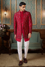 Elegant Maroon Jacquard Silk Jacket Style Indowestern Set For Mens