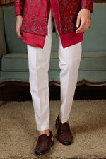 Elegant Maroon Jacquard Silk Jacket Style Indowestern Set For Mens