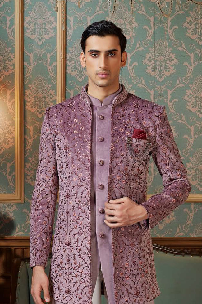 lilac Wedding Wear Thread Embroidered Jacket Style Indowestern Set